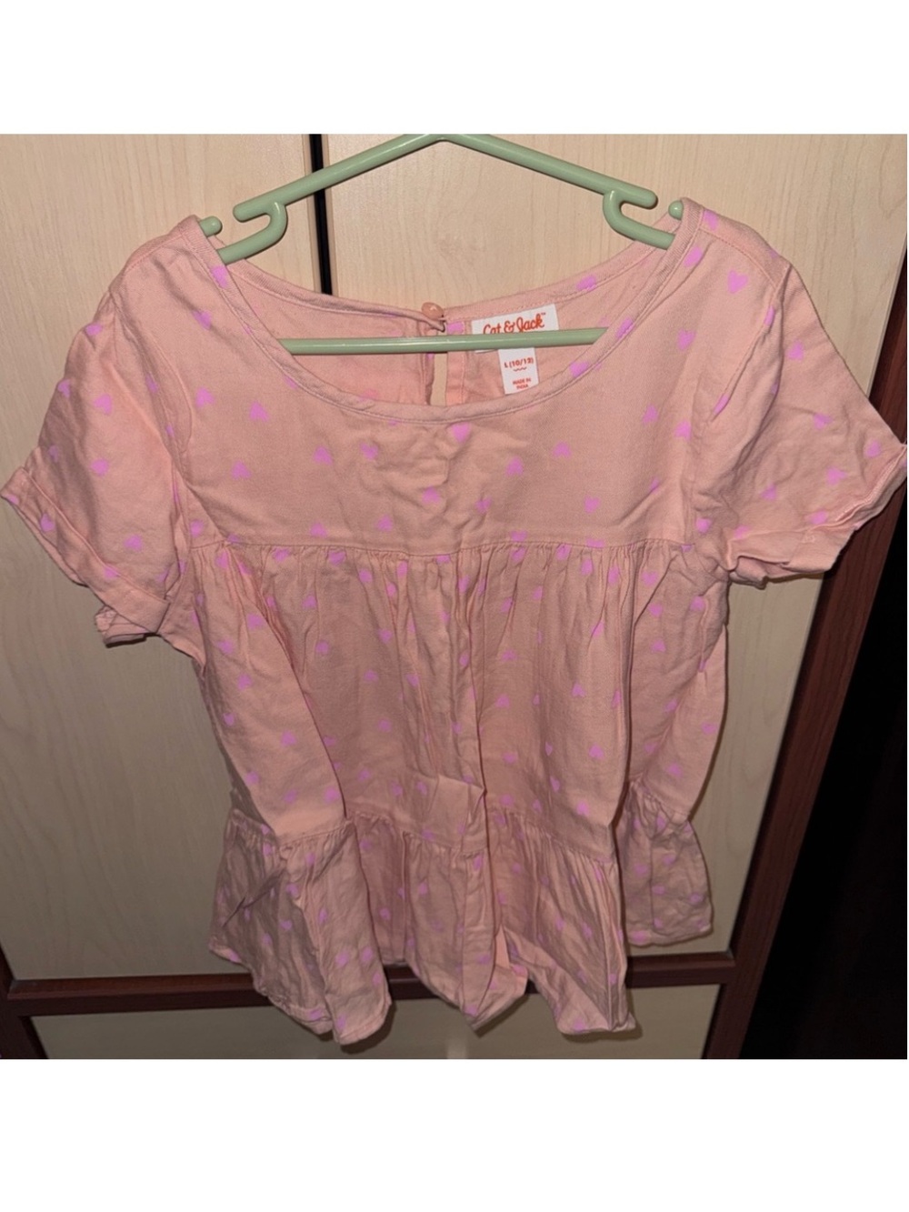 Cat & Jack Girls Pink Heart Print Tiered Top Size L 10/12 Ruffle Hem